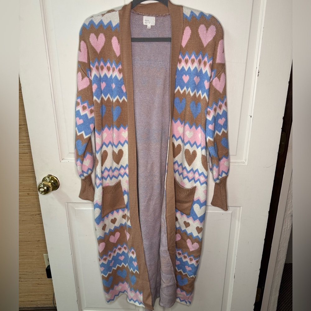 a new day Heart Patterned Cardigan in Pink, Blue, and Tan